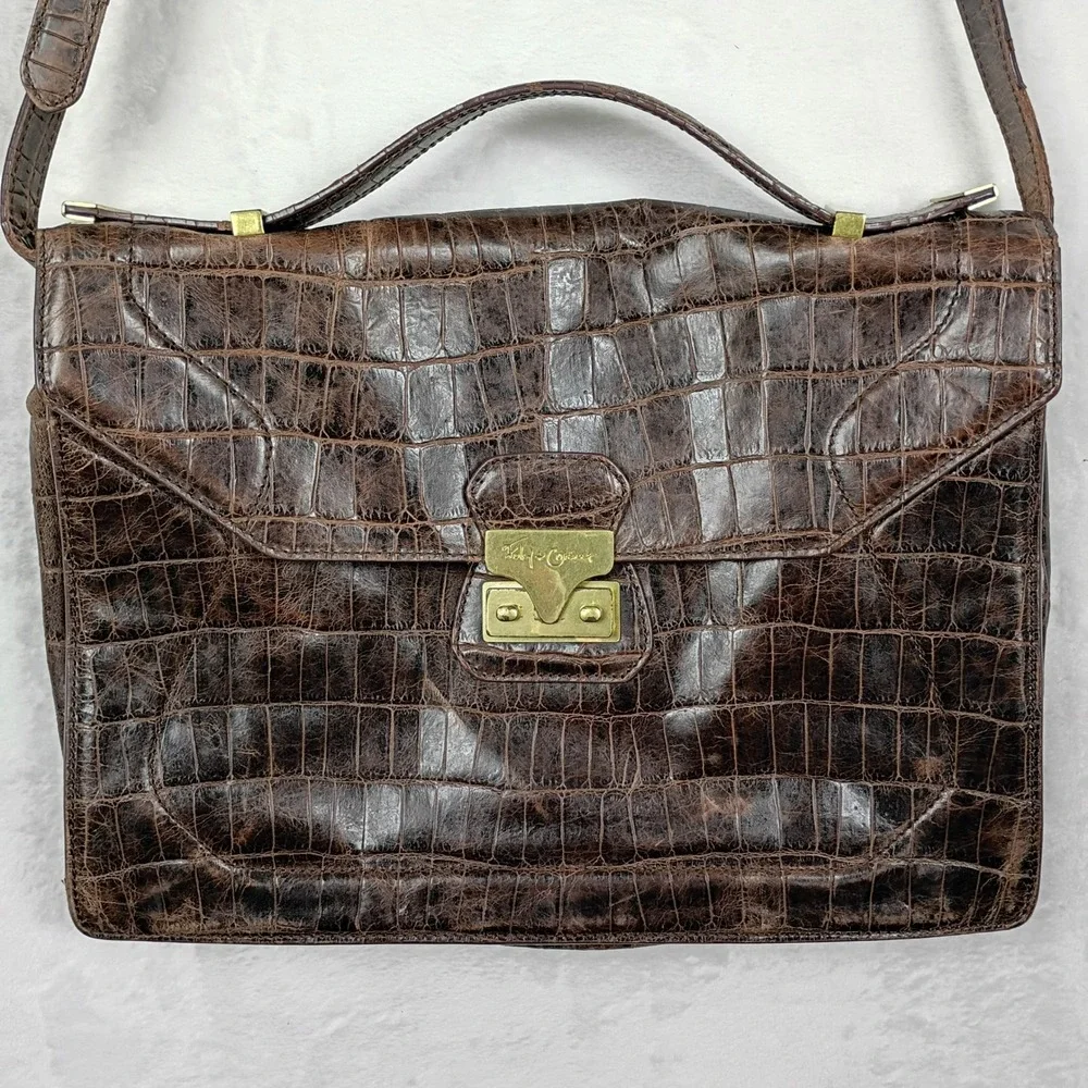 Foley‎ + Corinna Brown Croc Embossed Leather Satchel Shoulder Bag Brass Hardware